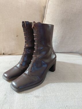 Danelle Victorian Style Dark Brown Lace-Up Mid-Calf Leather Boots Size 7.5